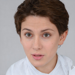 Neutral white young-adult female with short  brown hair and brown eyes