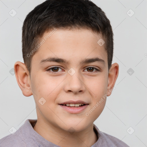 Joyful white child male with short  brown hair and brown eyes