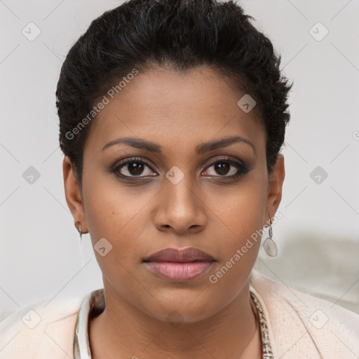 Joyful latino young-adult female with short  brown hair and brown eyes