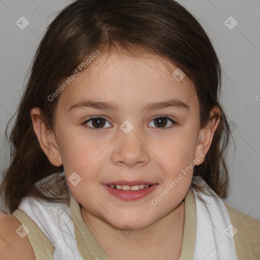 Joyful white child female with medium  brown hair and brown eyes