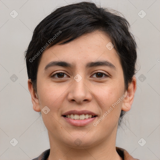 Joyful white young-adult female with short  brown hair and brown eyes