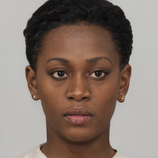 Neutral black young-adult female with short  black hair and brown eyes