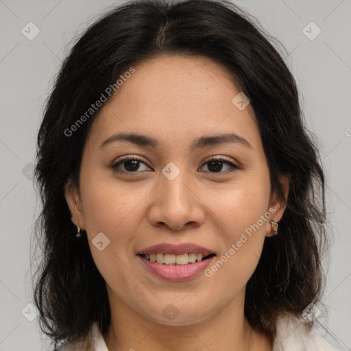 Joyful white young-adult female with medium  brown hair and brown eyes