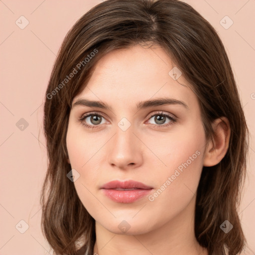 Neutral white young-adult female with medium  brown hair and brown eyes