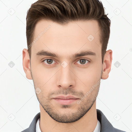 Neutral white young-adult male with short  brown hair and brown eyes