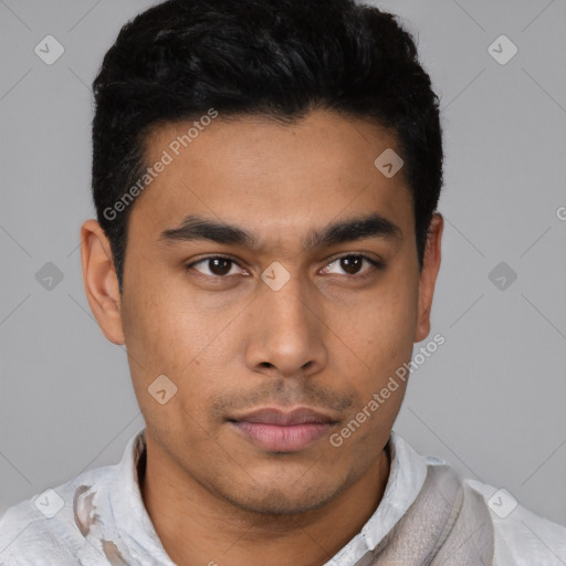 Neutral latino young-adult male with short  black hair and brown eyes