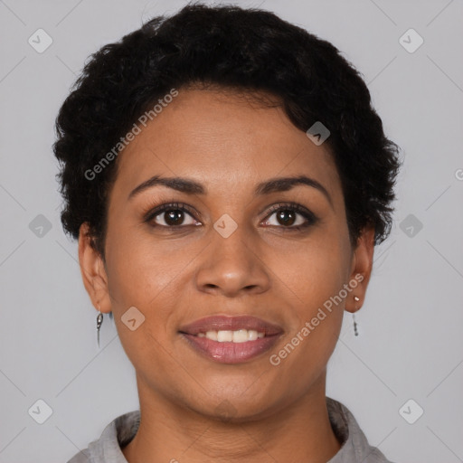 Joyful latino young-adult female with short  brown hair and brown eyes