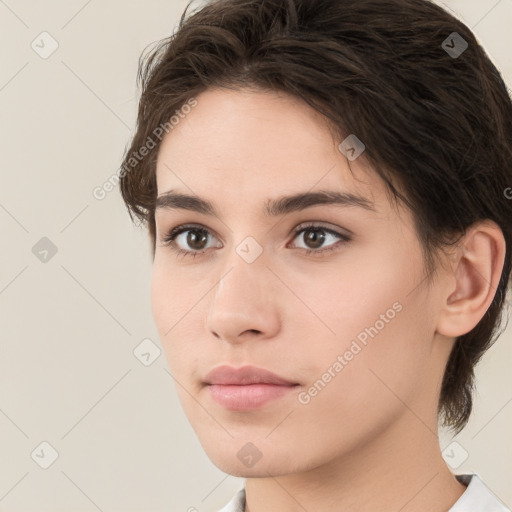 Neutral white young-adult female with medium  brown hair and brown eyes