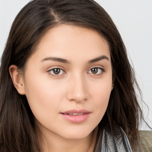 Neutral white young-adult female with long  brown hair and brown eyes