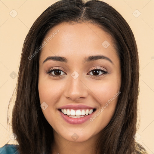 Joyful white young-adult female with long  brown hair and brown eyes