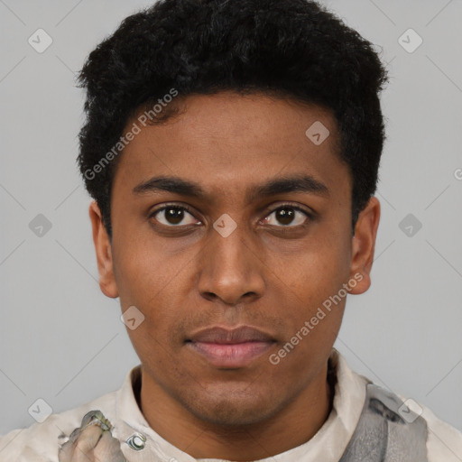 Neutral latino young-adult male with short  black hair and brown eyes