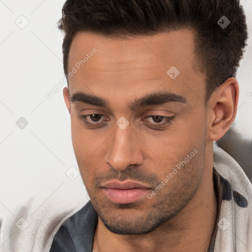 Neutral white young-adult male with short  brown hair and brown eyes