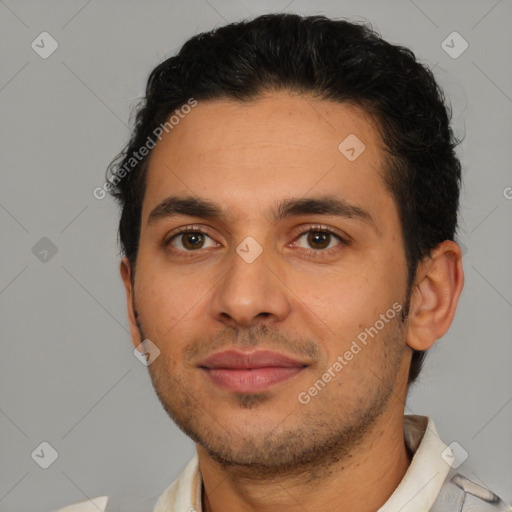 Neutral latino young-adult male with short  black hair and brown eyes