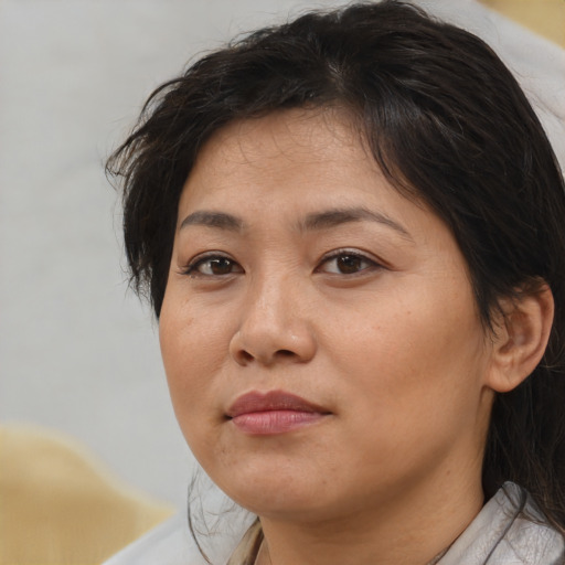 Joyful white adult female with medium  brown hair and brown eyes