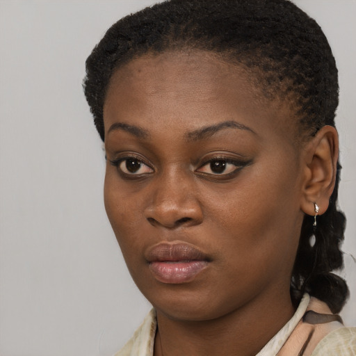 Neutral black young-adult female with short  brown hair and brown eyes