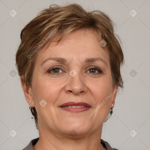 Joyful white adult female with medium  brown hair and brown eyes