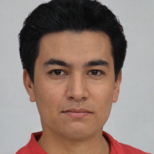 Neutral asian young-adult male with short  black hair and brown eyes