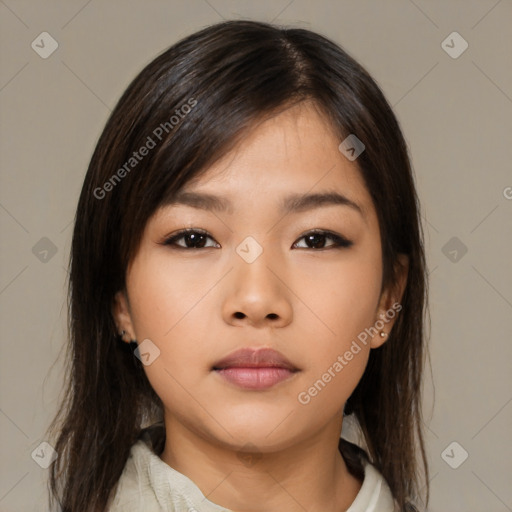 Neutral asian young-adult female with medium  brown hair and brown eyes