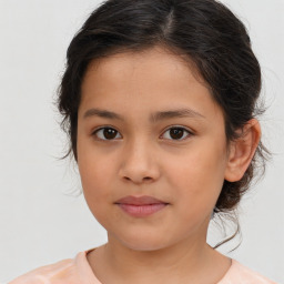 Joyful white child female with medium  brown hair and brown eyes