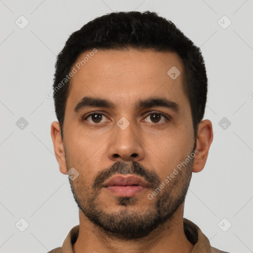 Neutral latino young-adult male with short  black hair and brown eyes