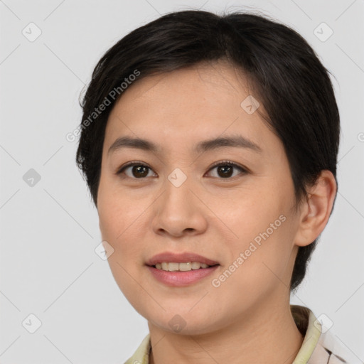 Joyful white young-adult female with short  brown hair and brown eyes