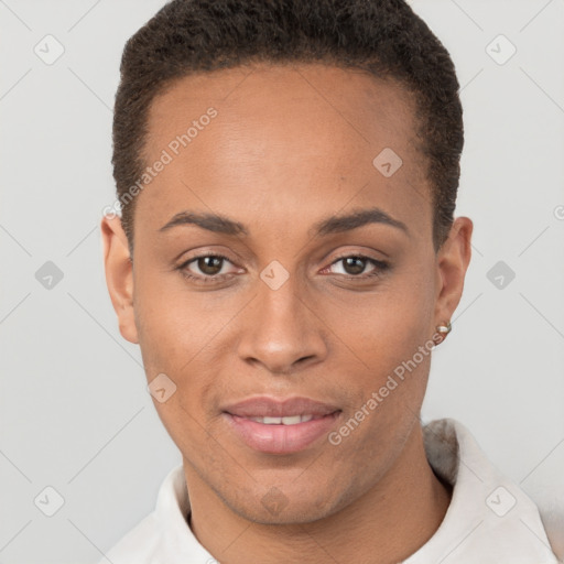 Joyful white young-adult female with short  brown hair and brown eyes