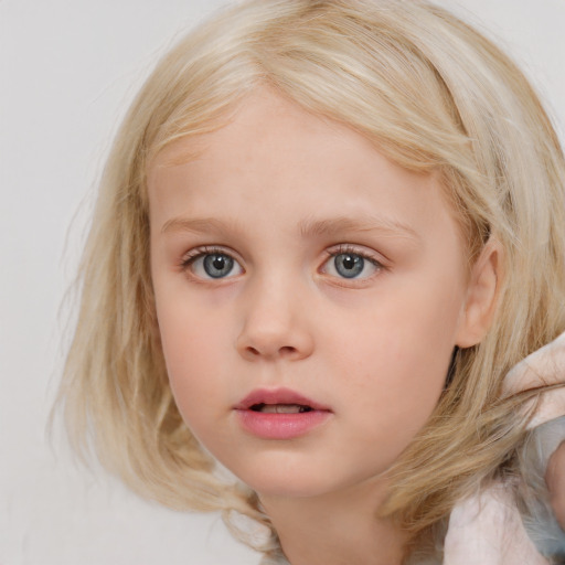 Neutral white child female with medium  brown hair and blue eyes