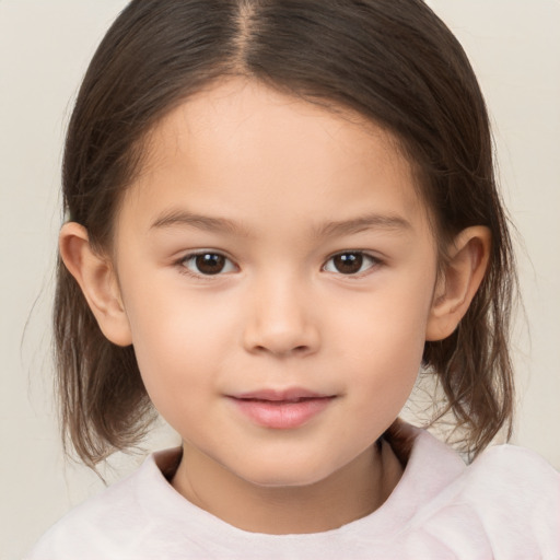 Joyful white child female with medium  brown hair and brown eyes