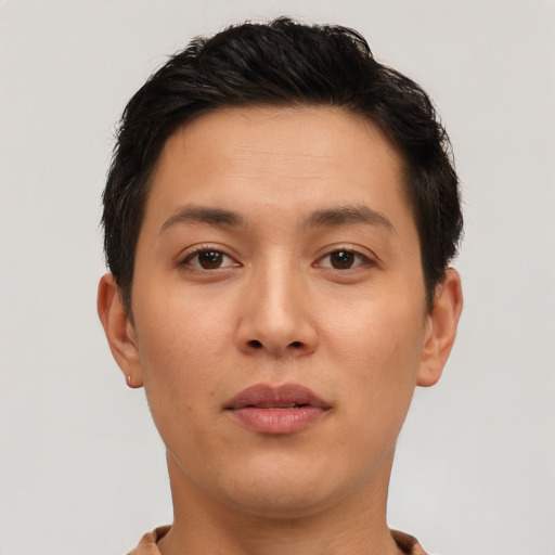 Neutral asian young-adult male with short  brown hair and brown eyes