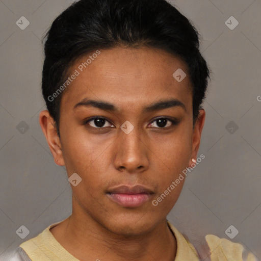 Neutral black young-adult female with short  black hair and brown eyes