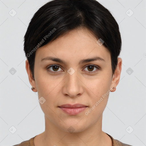 Joyful white young-adult female with short  brown hair and brown eyes