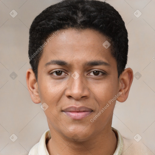 Joyful latino young-adult female with short  black hair and brown eyes