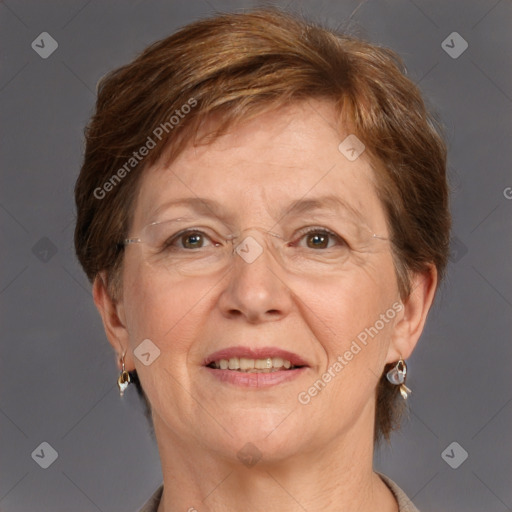 Joyful white middle-aged female with short  brown hair and grey eyes