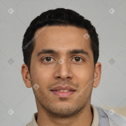 Neutral latino young-adult male with short  black hair and brown eyes