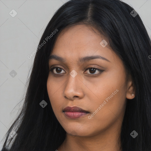 Neutral asian young-adult female with long  black hair and brown eyes