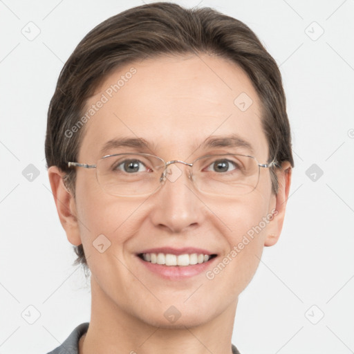 Joyful white adult male with short  brown hair and grey eyes