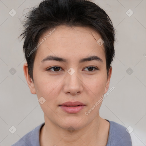 Neutral white young-adult female with short  brown hair and brown eyes