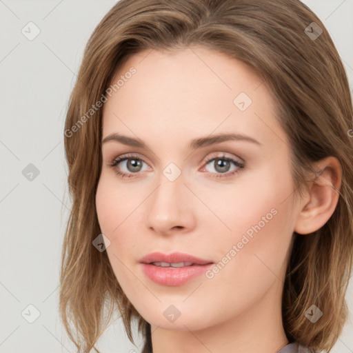 Neutral white young-adult female with long  brown hair and grey eyes