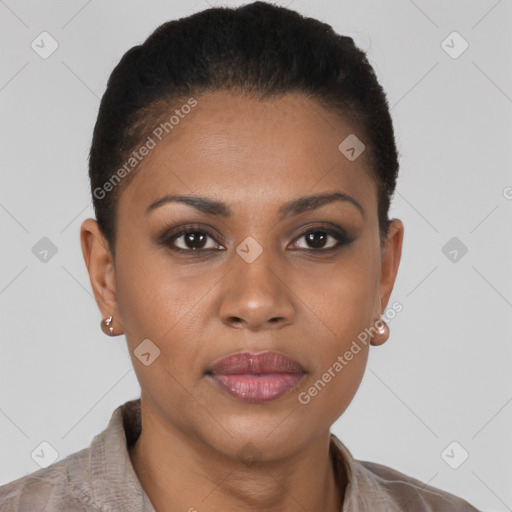 Joyful black young-adult female with short  brown hair and brown eyes