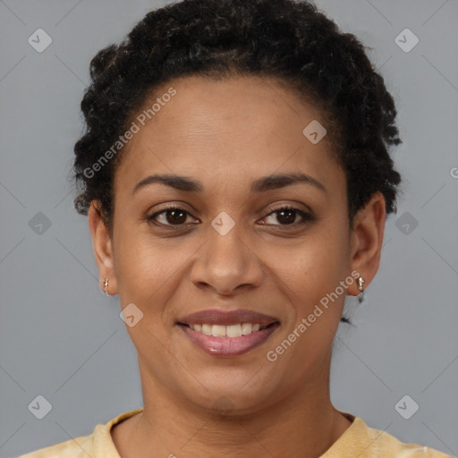 Joyful latino young-adult female with short  brown hair and brown eyes