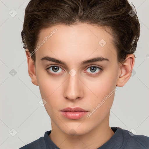 Neutral white young-adult female with short  brown hair and brown eyes