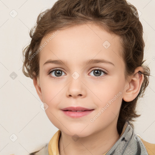 Joyful white child female with medium  brown hair and brown eyes