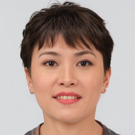 Joyful asian young-adult female with short  brown hair and brown eyes