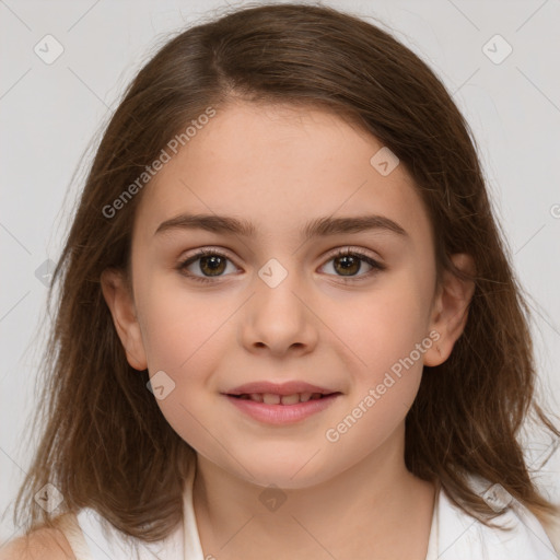 Joyful white child female with medium  brown hair and brown eyes