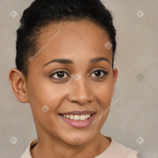 Joyful latino young-adult female with short  brown hair and brown eyes