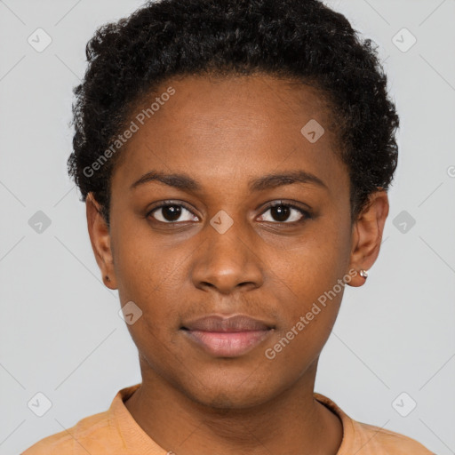 Neutral black young-adult female with short  brown hair and brown eyes