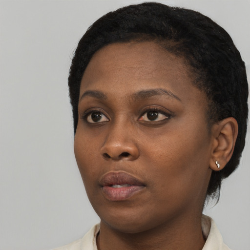 Neutral black young-adult female with short  black hair and brown eyes