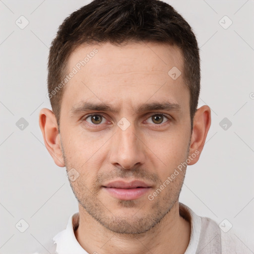 Neutral white young-adult male with short  brown hair and brown eyes