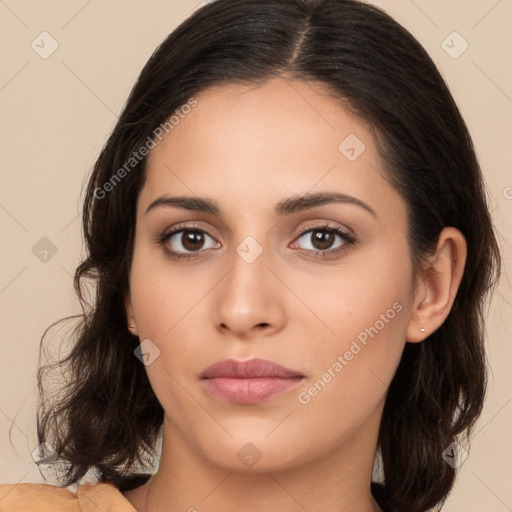 Neutral white young-adult female with medium  brown hair and brown eyes