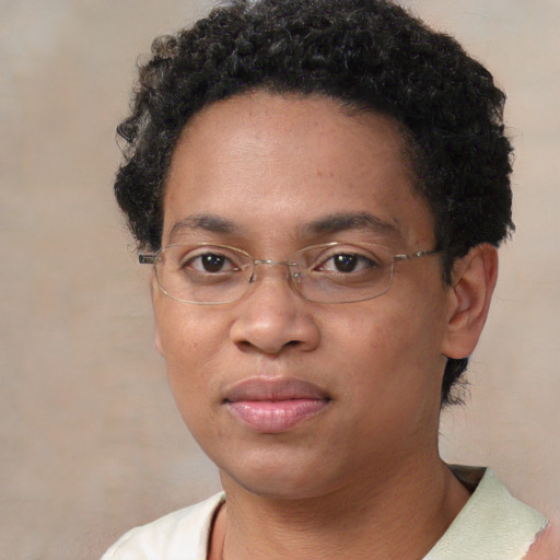 Neutral black young-adult female with short  black hair and brown eyes